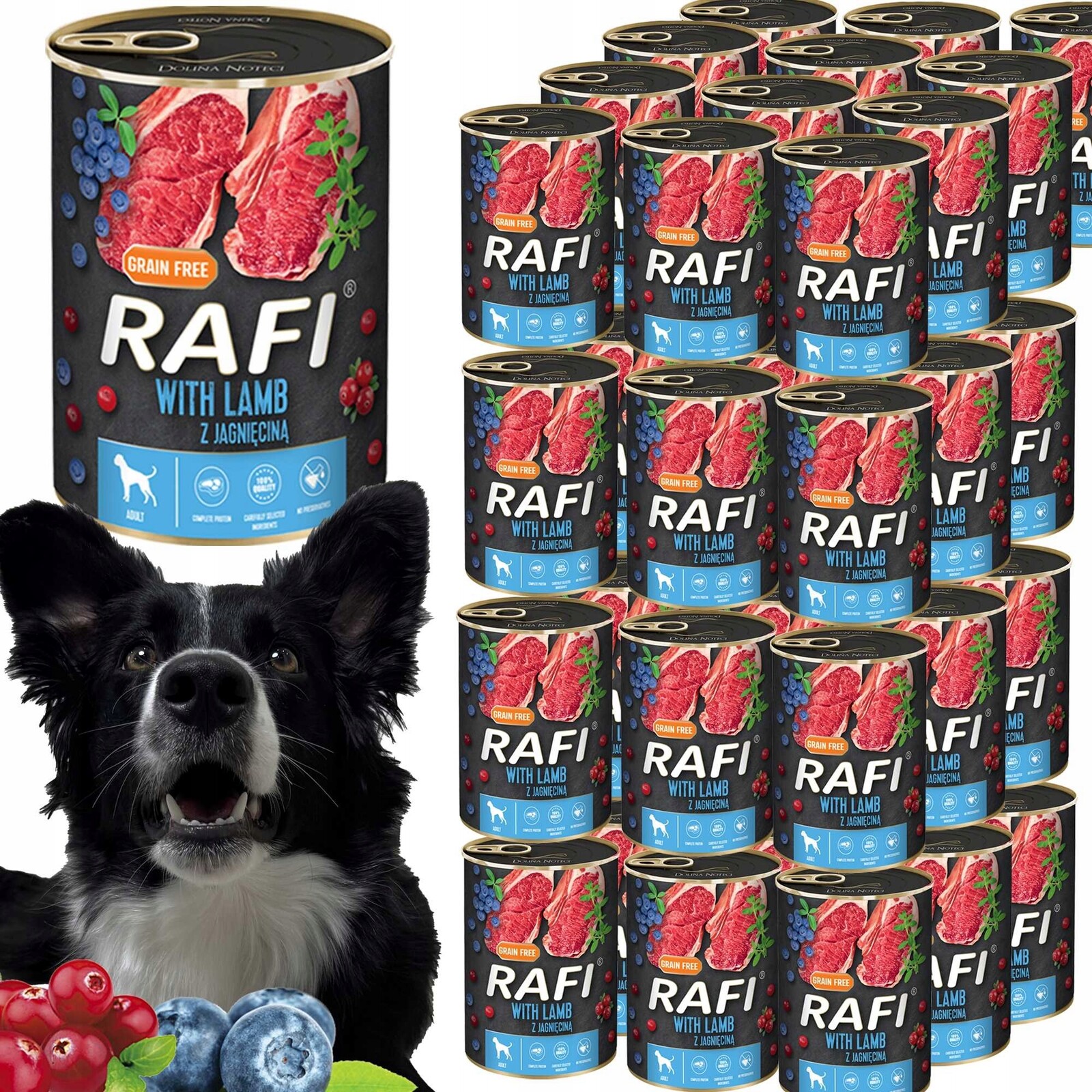 Krmivo mokré pro psy Rafi s jehněčím masem, borůvkou a brusinkami 400 g 48 ks
