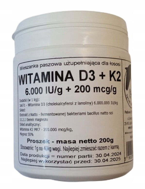 Vitamín D3 6000 IU/g+ K2 MK7 200mcg/g Hořčík Práškový draslík Podkowa