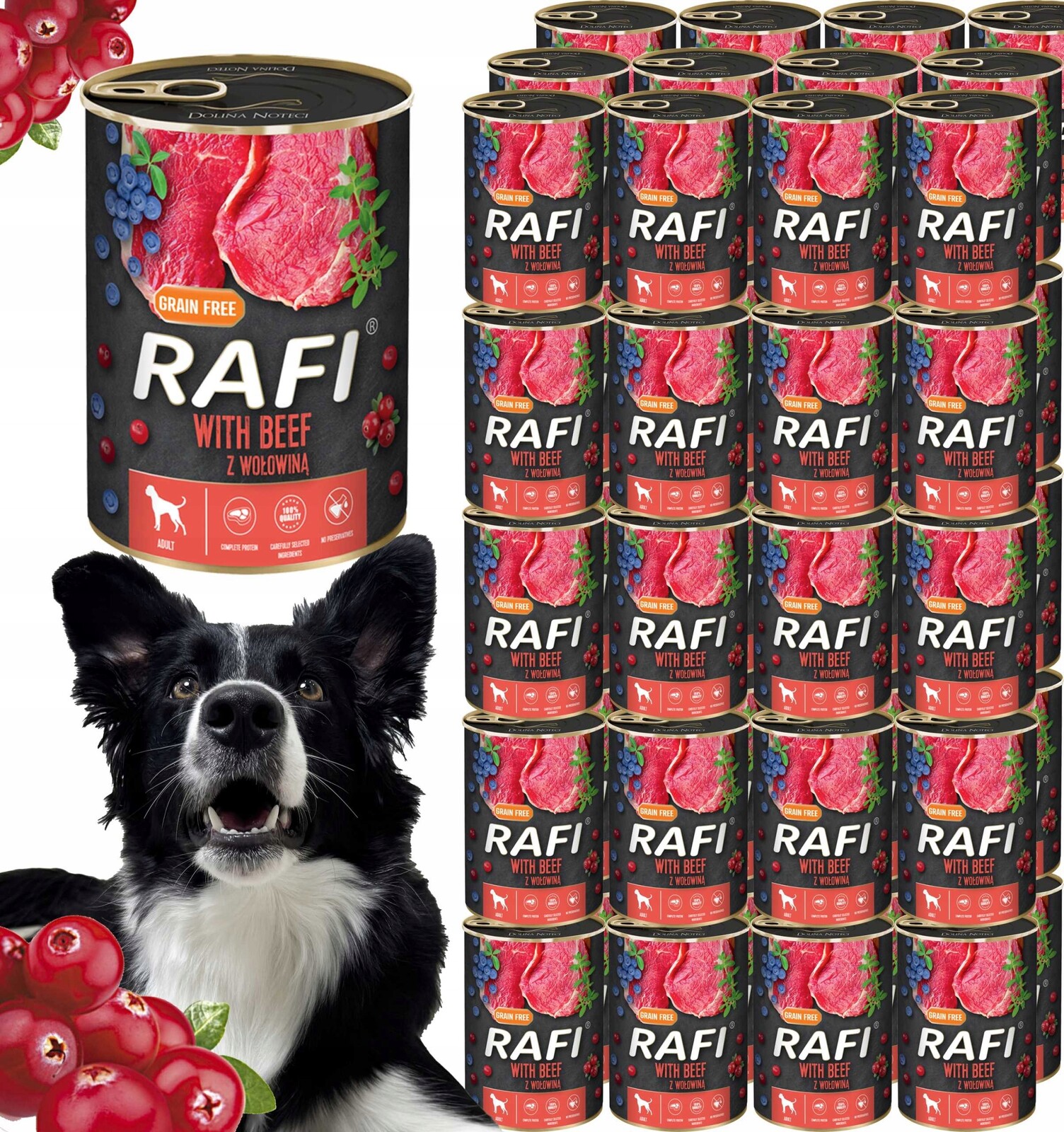 Krmivo pro psy Rafi s hovězím masem, borůvkou a brusinkami 400 g 48 ks