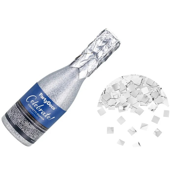 Vystřelovací konfety Šampáňo láhev stříbrné 20,5 cm