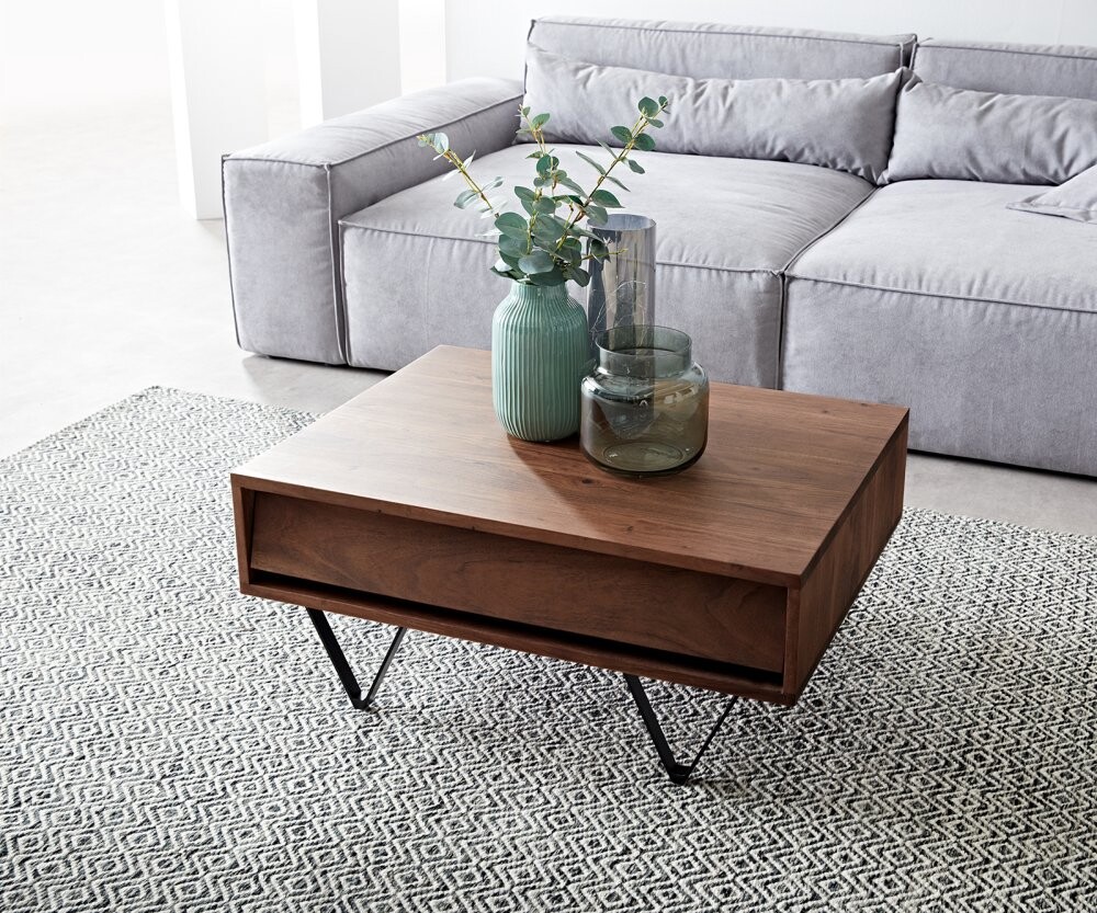 Konferenční stolek Eloi 80x60 cm akácie hnědá 2 zásuvky podnož ve