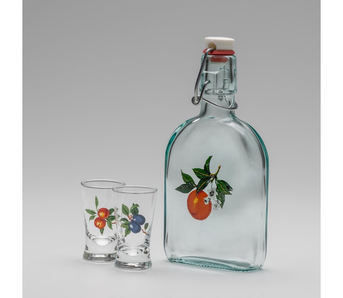 Sada 1x skleněná láhev a 2x sklenice na panáky čirá s motivem meruňky