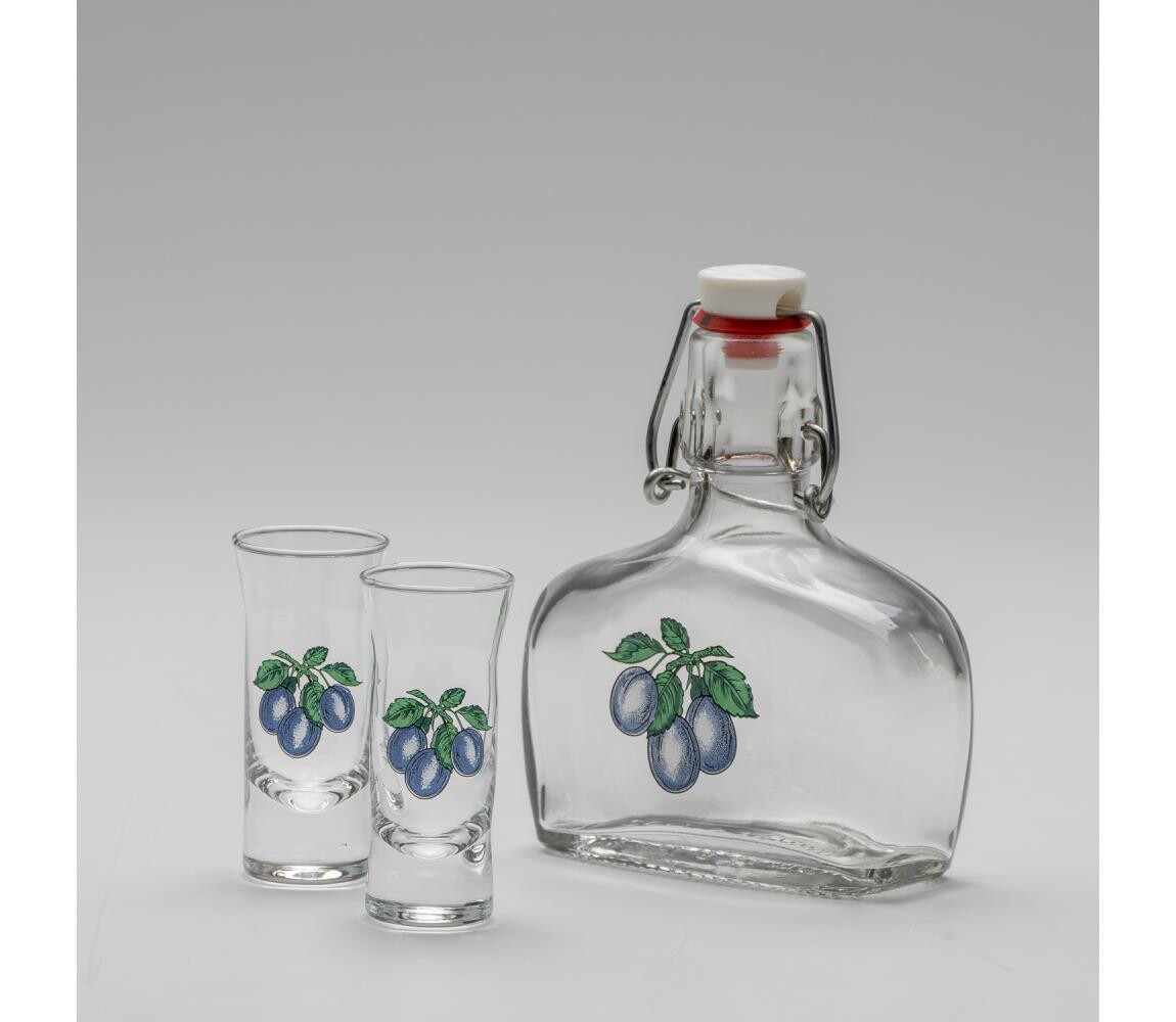 Sada 1x skleněná láhev a 2x sklenice na panáky čirá s motivem švestky