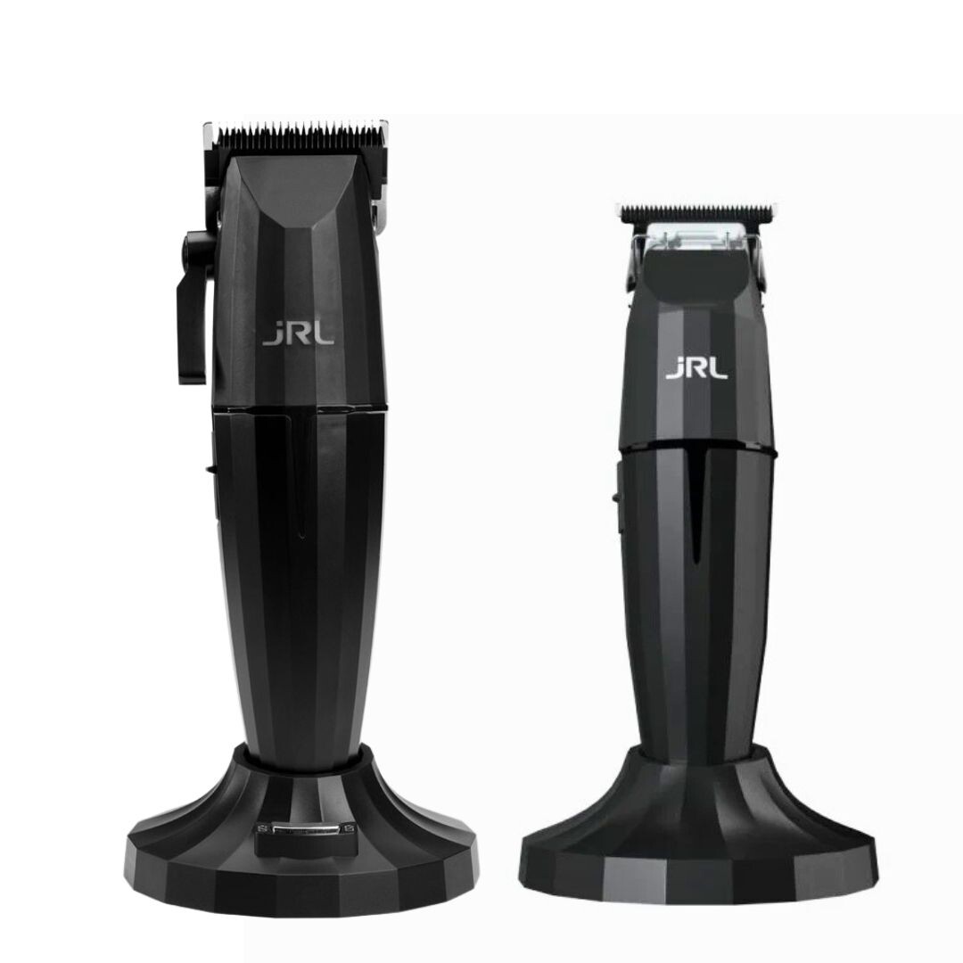 JRL ONYX Black Combo - sada akumulátorového střihacího strojku a konturovacího strojku v černé barvě + minerální olej M22, 200ml + stlačený vzduch, 400ml