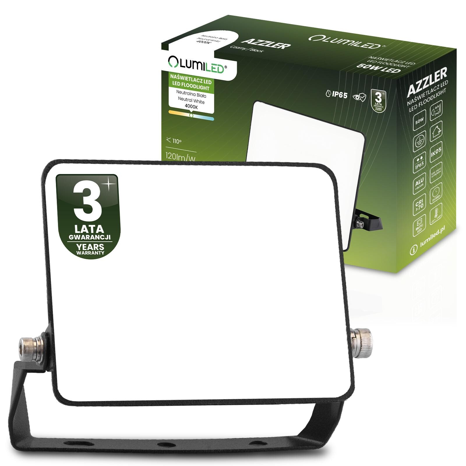 Reflektor LED AZZLER 50W 6000lm 4000K IP65 Halogen externí Svítidlo černá LUMILED