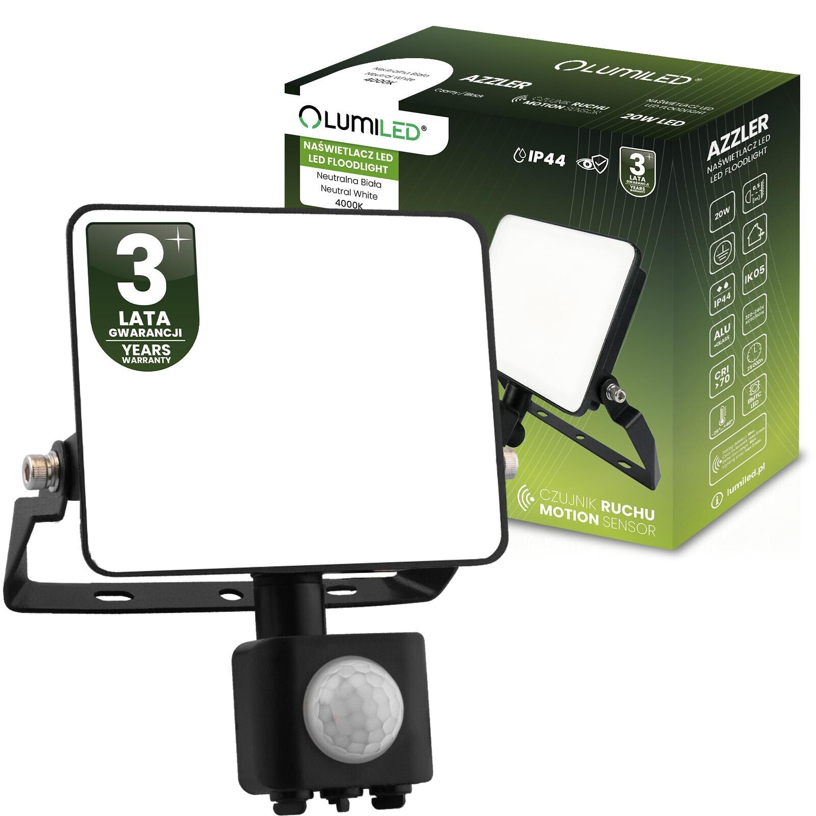 Reflektor LED AZZLER 20W 2400lm 4000K IP44 Halogen externí Svítidlo z čidlem Pohybu černá LUMILED