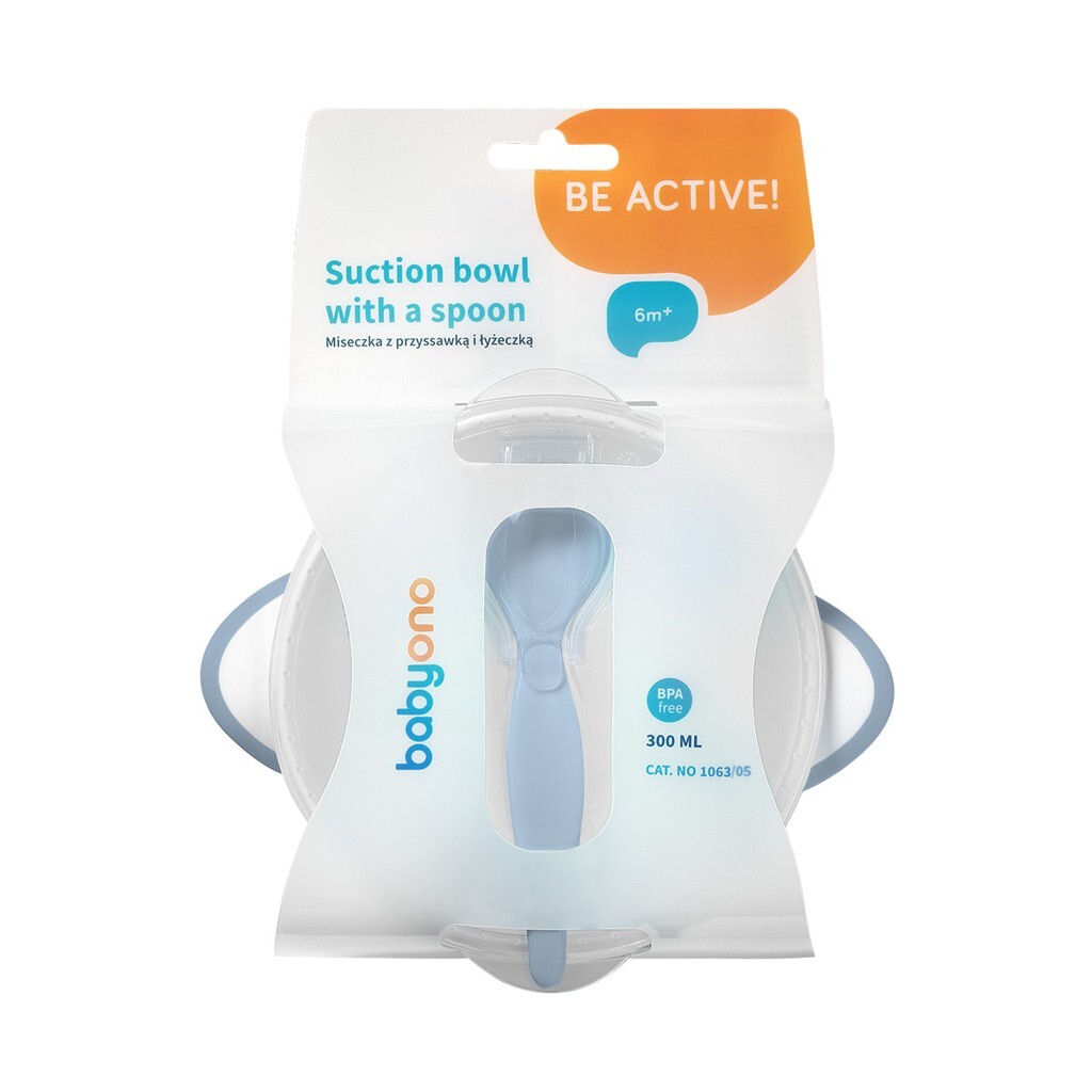 BABYONO Miska uzavíratelná s přísavkou a lžičkou světle modrá 6m+ 300 ml
