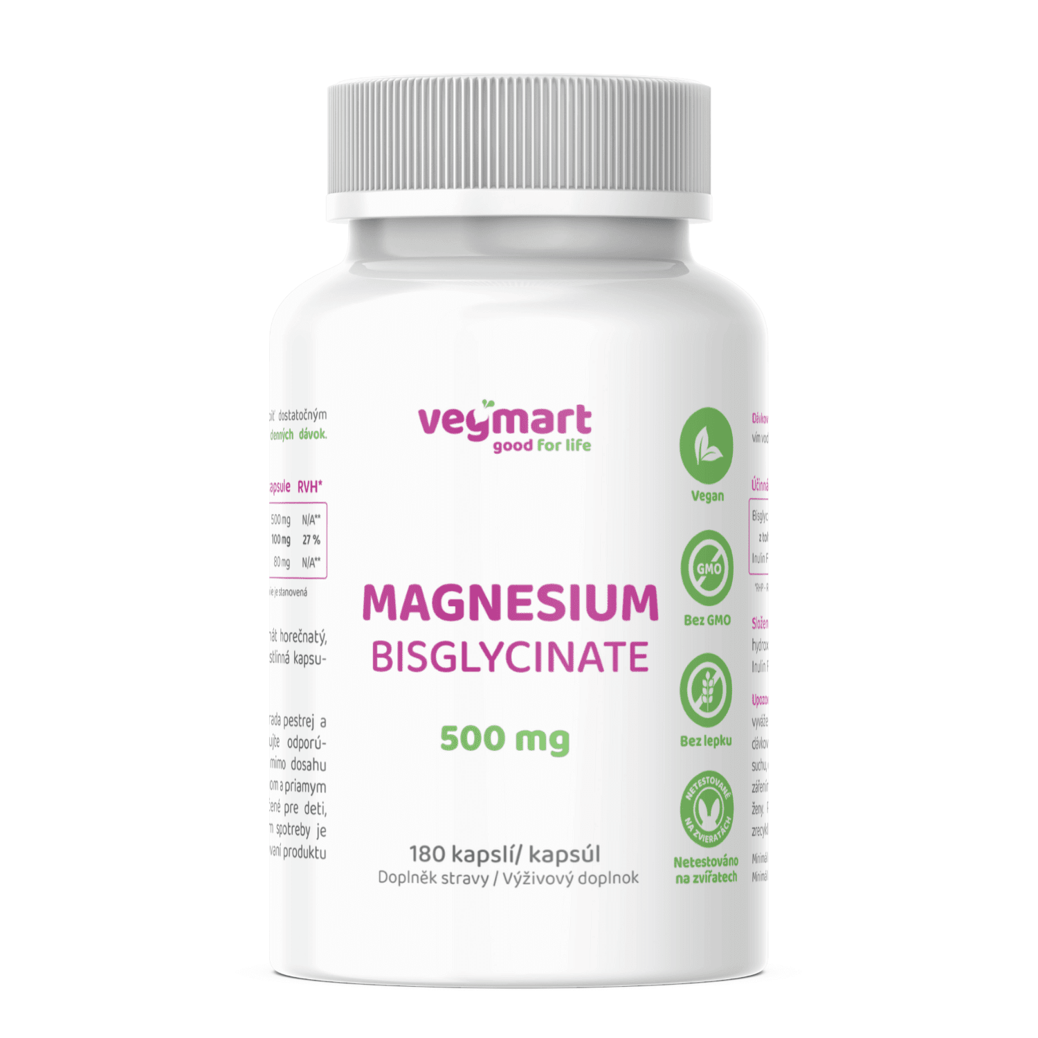 VEGMART Hořčík bisglycinát 500 mg 180 kapslí