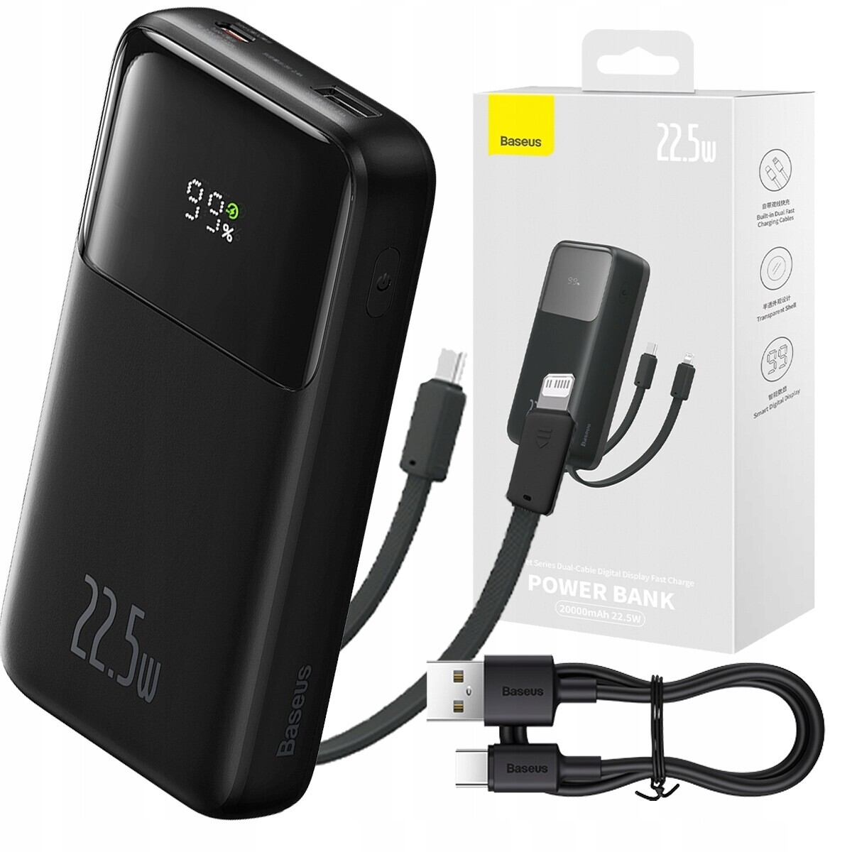 Baseus Power Bank Rychlé Nabíjení 20000MAH 22.5W Usb-c Lightning Kabel