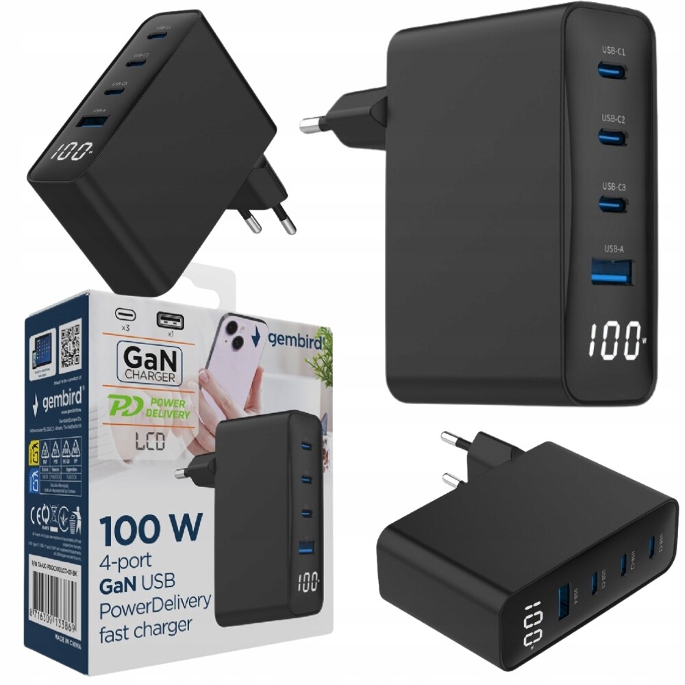 Rychlá nabíječka Power Delivery 3x Usb-c 1x Usb-a 100W Pd Qc 3.0 GaN LCD