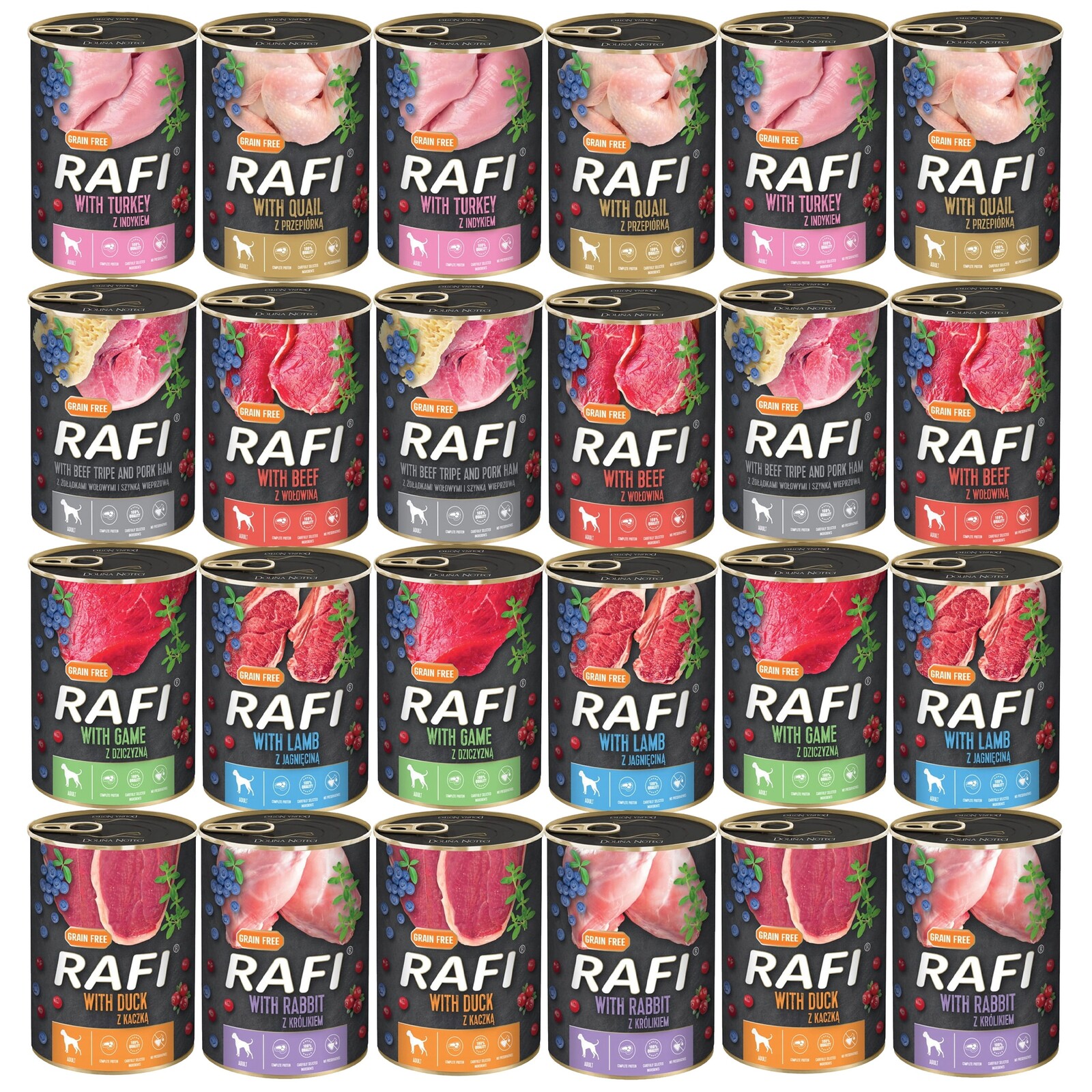 Vlhké Krmivo Pro Psa Rafi MIX 8 Příchutí 24 X 400 G. Bezobilná Dolina Noteci