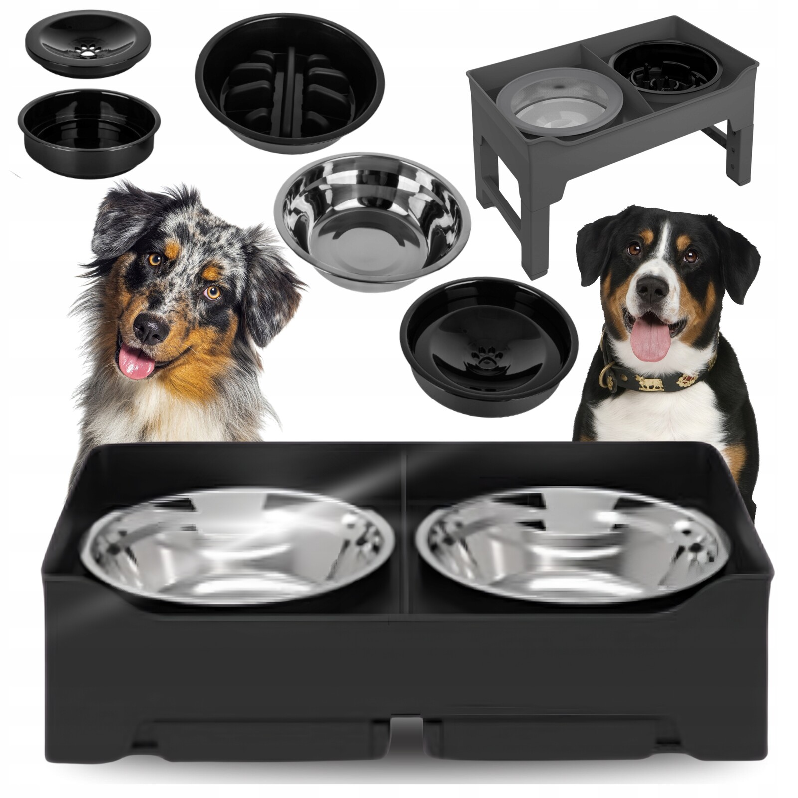 Miska pro psa kovová na stojanu, nastavitelná, nechytající, zpomalující 3v1