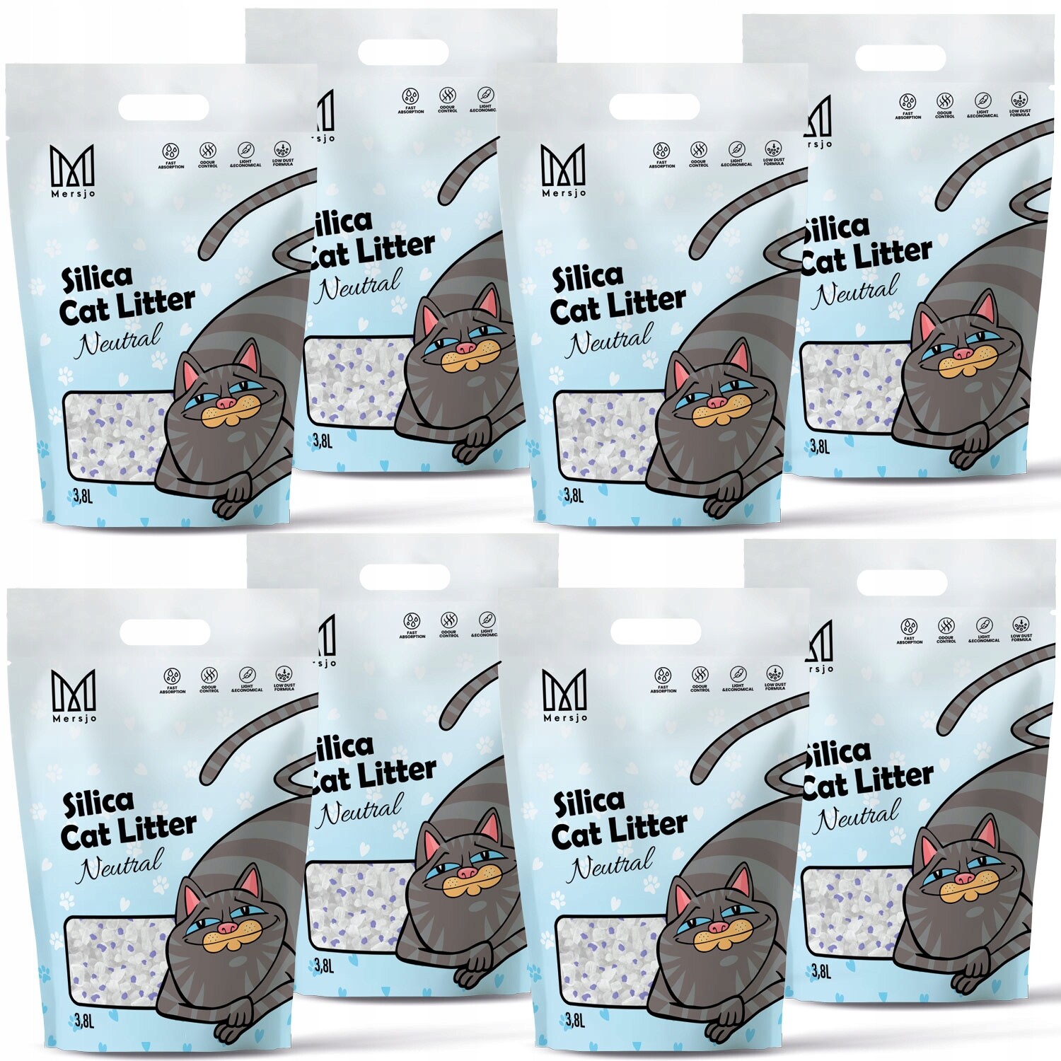 8x Silikonové Stelivo pro kočky Premium bezprašné přírodní Mersjo 3,8L