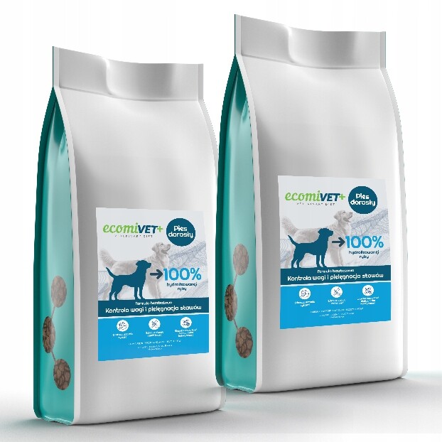 ecomiVET+ Low Fat Hmotnost Klouby 1,5 kg dieta pro psa 100% hydrolyzát Bílá Ryba