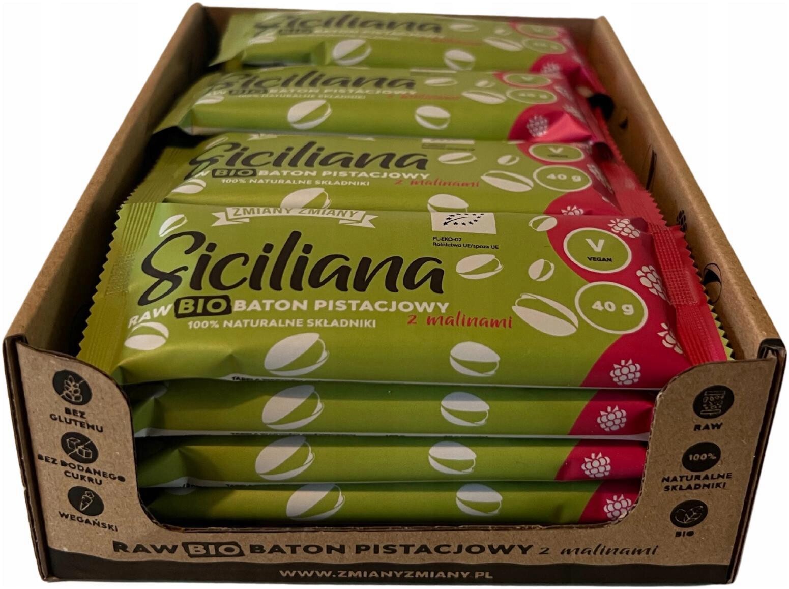 Karton 20 x pistáciová tyčinka s malinami Bio 40 g bez konzervantů Siciliana