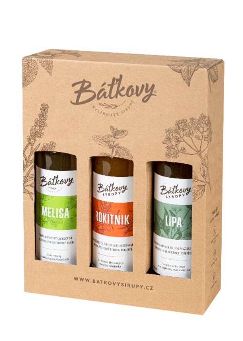 Dochucovací sada 3x sirup Melisa Rakytník Lipa Dárek Batkovy 1500ml čaj