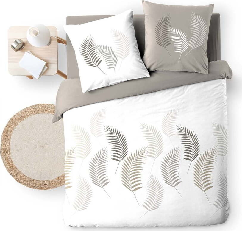 Bílé/taupe bavlněné povlečení na dvoulůžko/prodloužené 240x220 cm Goyave – douceur d'intérieur