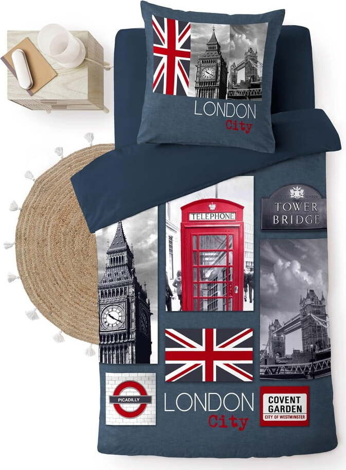 Tmavě modré bavlněné povlečení na jednolůžko 140x200 cm City London – douceur d'intérieur