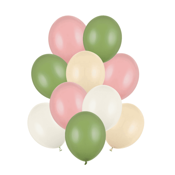 Balónky latexové pastelové (zaprášená růže, rozmarýnově zelená, sv.šampaň) mix 30 cm, 10 ks