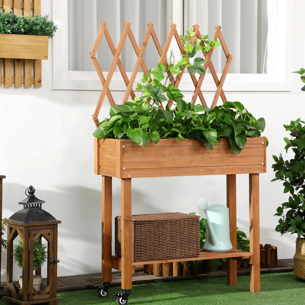 Outsunny Dřevěný vyvýšený záhon s mřížkou, hnědý