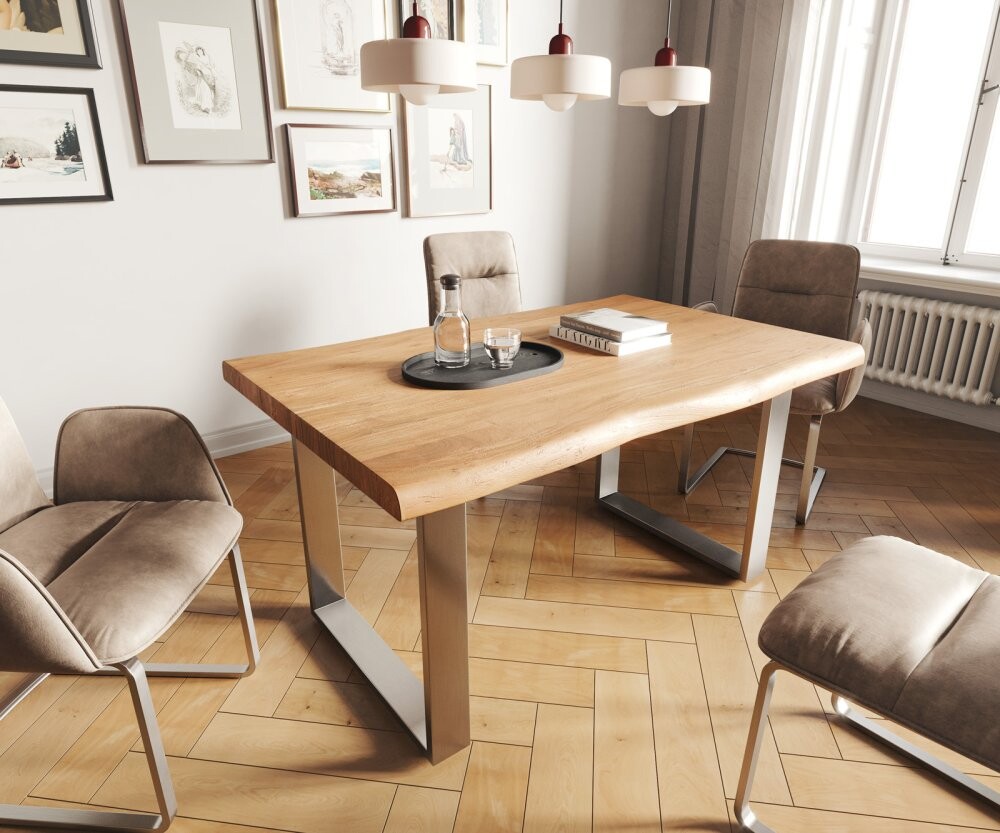 Jídelní stůl Edge 140x90 XL akácie přírodní nerezová ocel úzká podnož