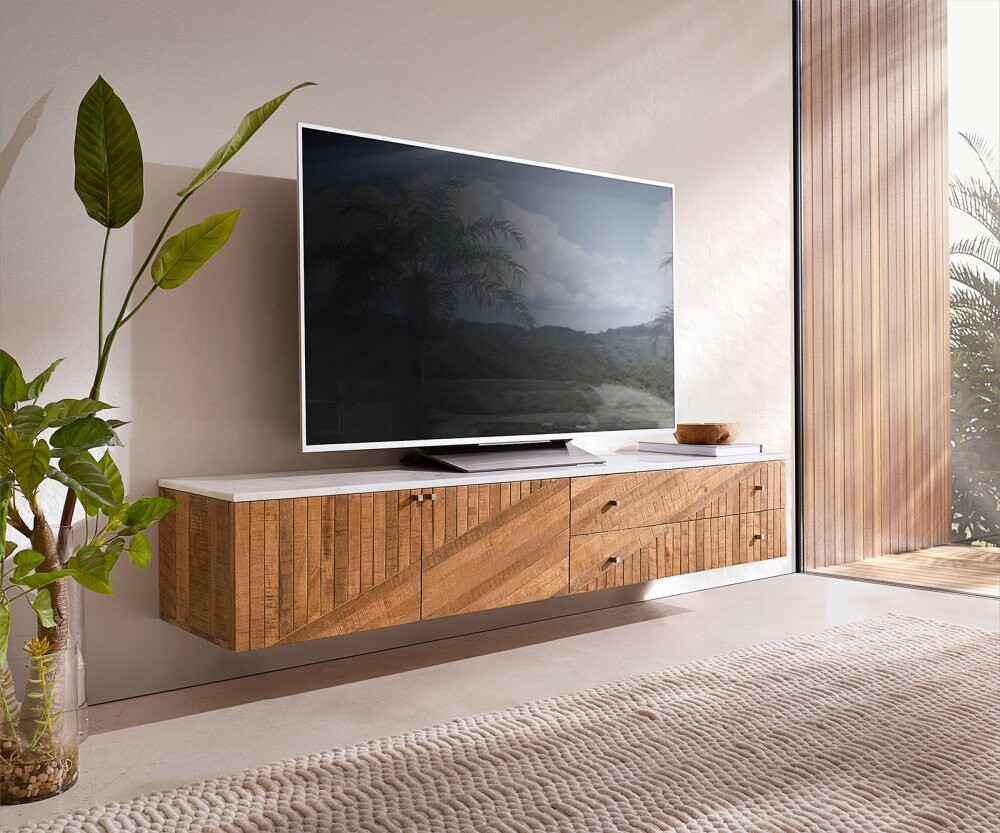 TV stolek Bahan 175 cm mango teak 2 dvířka 2 šuplíky mramor bílá