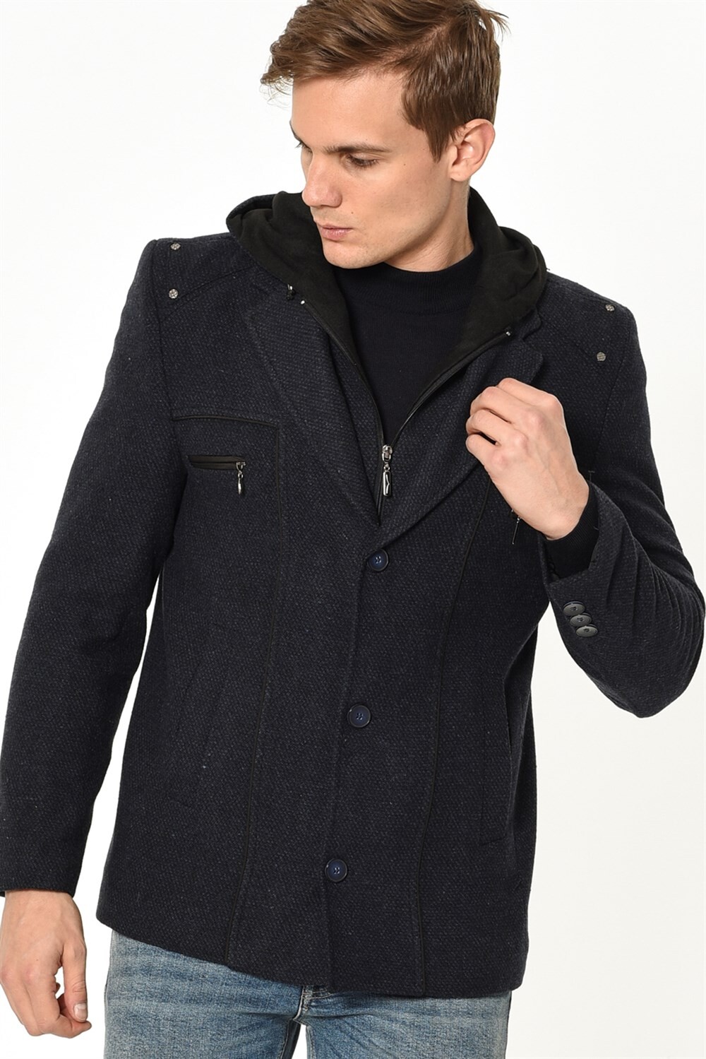 K7532 DEWBERRY MEN'S COAT-PATTERNED INDIGO