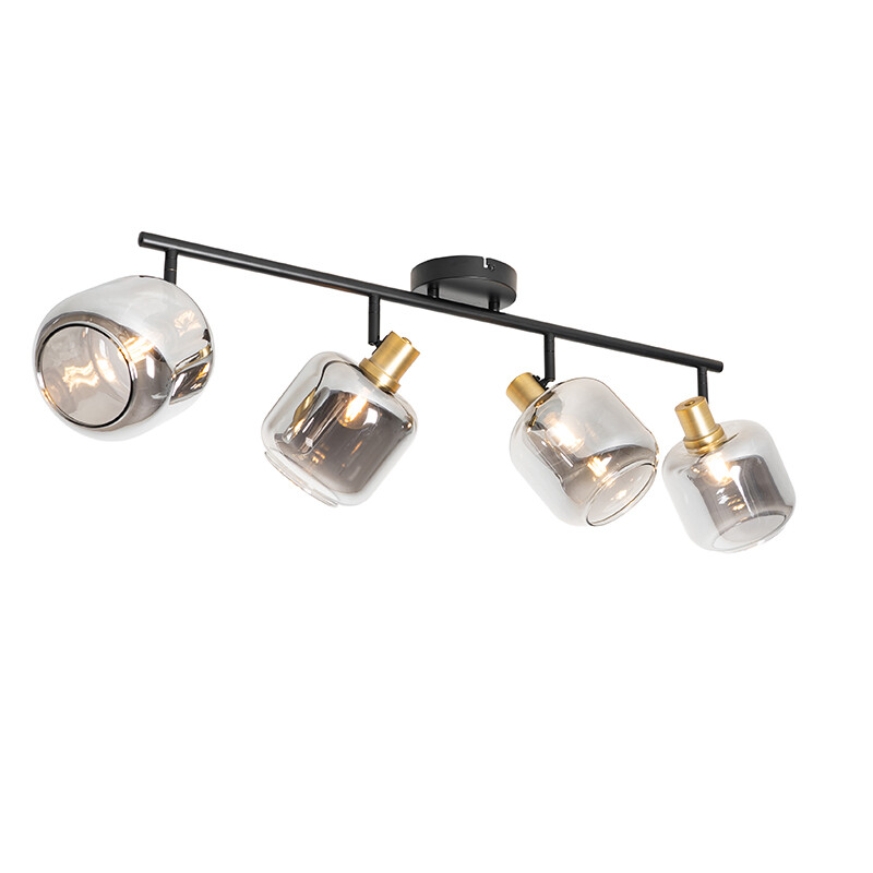 Chytrý stropní reflektor černý se zlatou a kouřovým sklem 4-světla vč. 4 Wifi P45 - Zuzanna