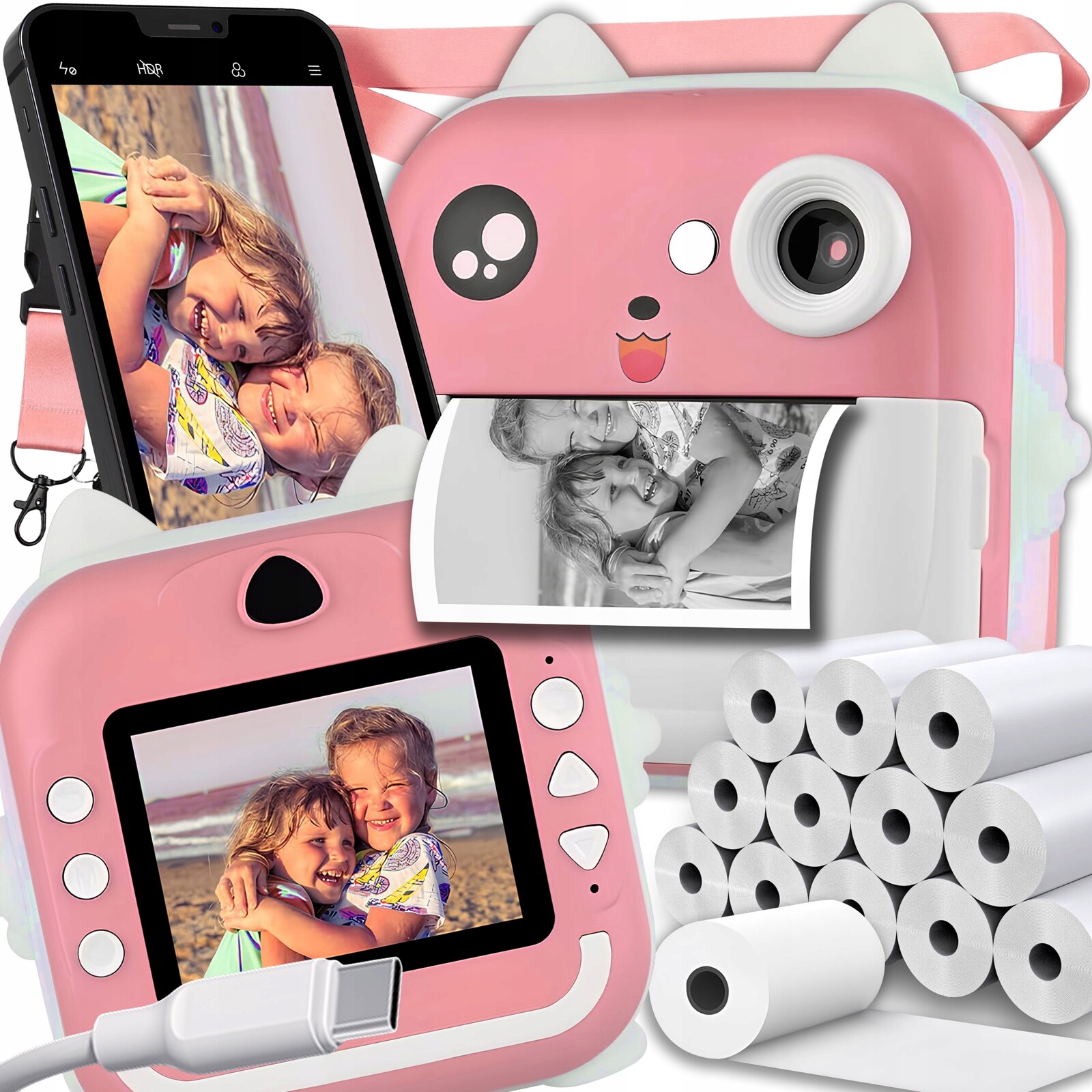 Instantní Fotoaparát Mini termální tiskárna pro fotografie 23 Rolek XL Růžová