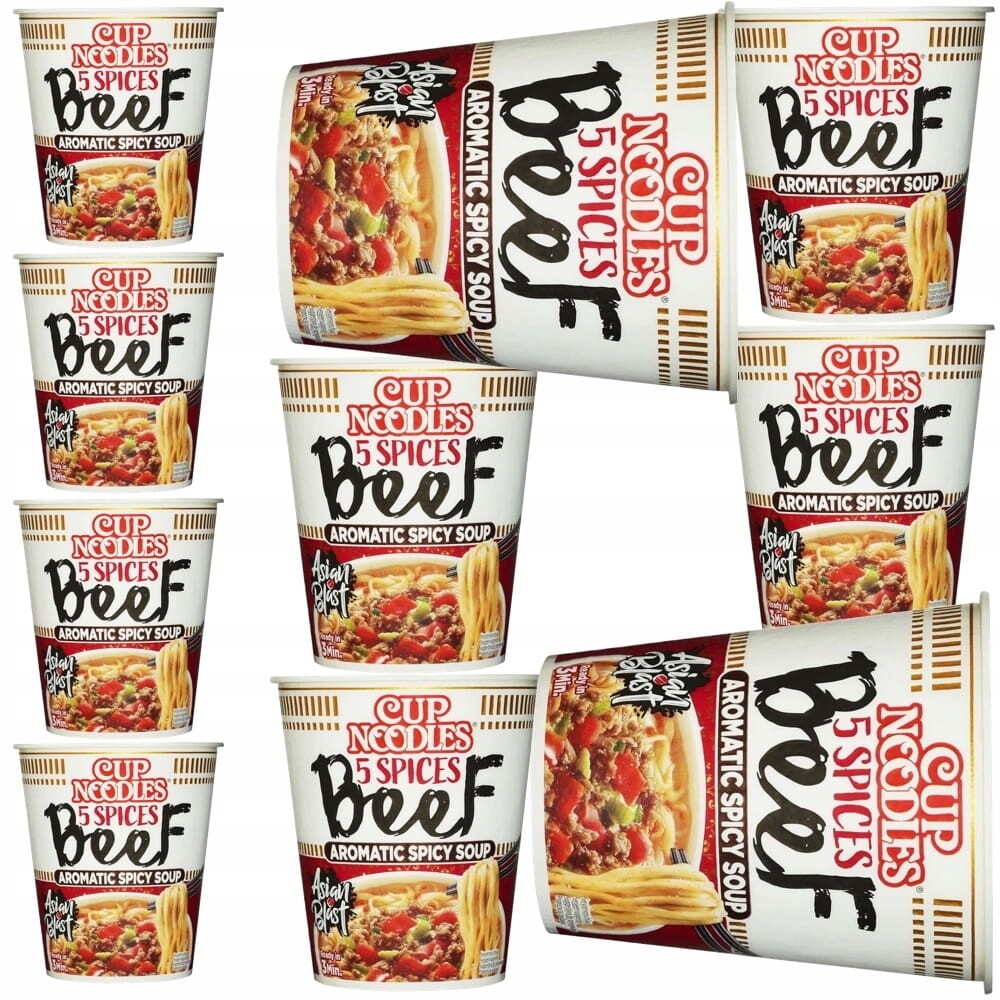 10x Instantní instantní polévka s těstovinami 350 ml Hovězí maso 5 příchutí 64 g Nissin