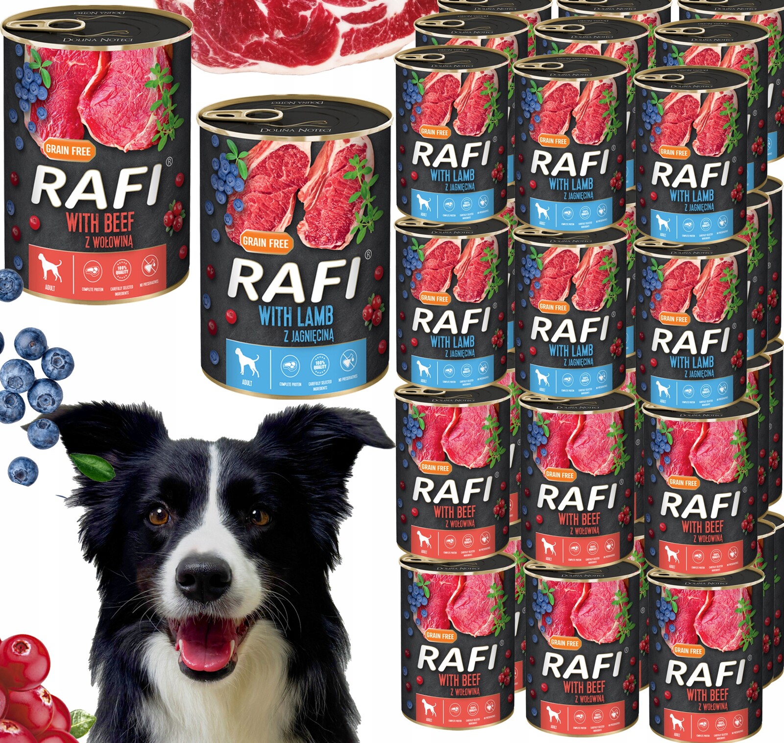 Sada 48x400 g Krmivo pro psy Rafi mix chutí (Jehněčí, Hovězí)