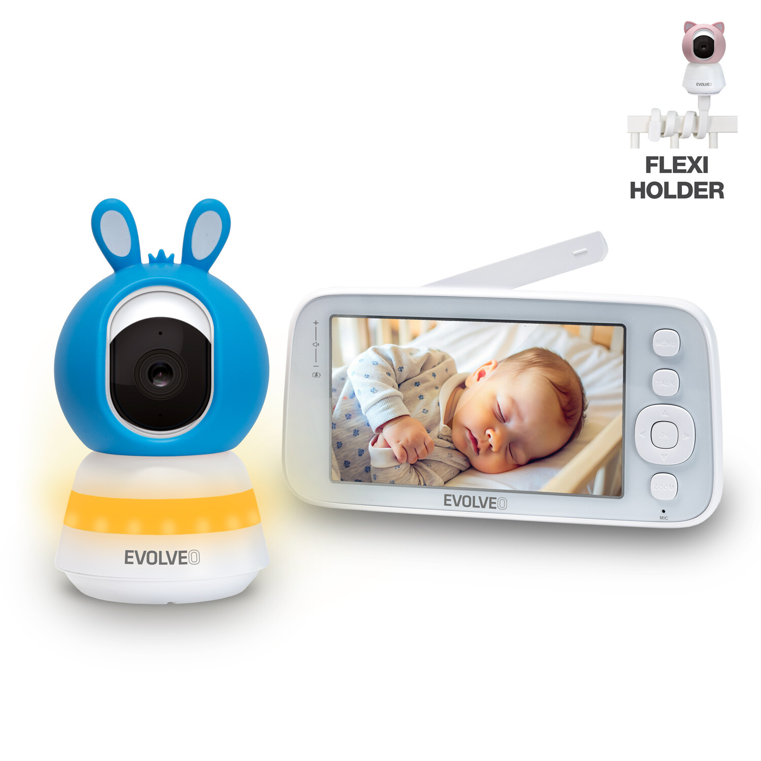Evolveo Baby Monitor N5 - Set videochůvičky s 360° dohledem, obousměrnou komunikací a ukolébavkami, modrá