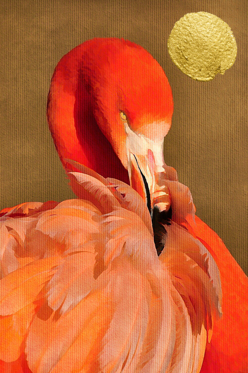 Kubistika Ilustrace Flamingo With Golden Sun, Kubistika, 26.7 × 40 cm