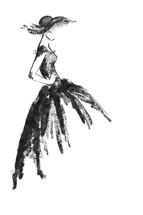 Blursbyai Ilustrace Full skirt dress fashion illustration in black and white, Blursbyai, 26.7 × 40 cm