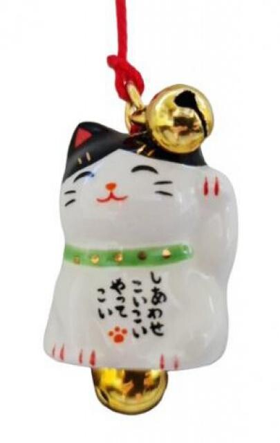 Japonská kočka Maneki Neko přívěsek na mobil se zvonky, bílá/černá