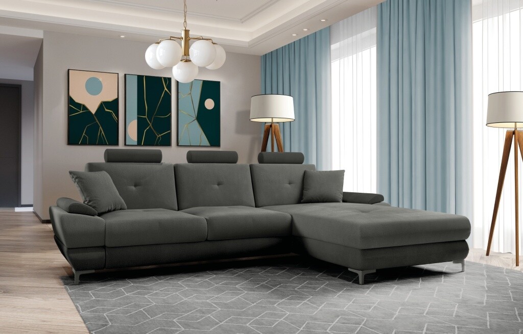 Rozkládací rohová sedačka YLARIS s úložným prostorem, pravá, tmavě šedá látka/černá látka