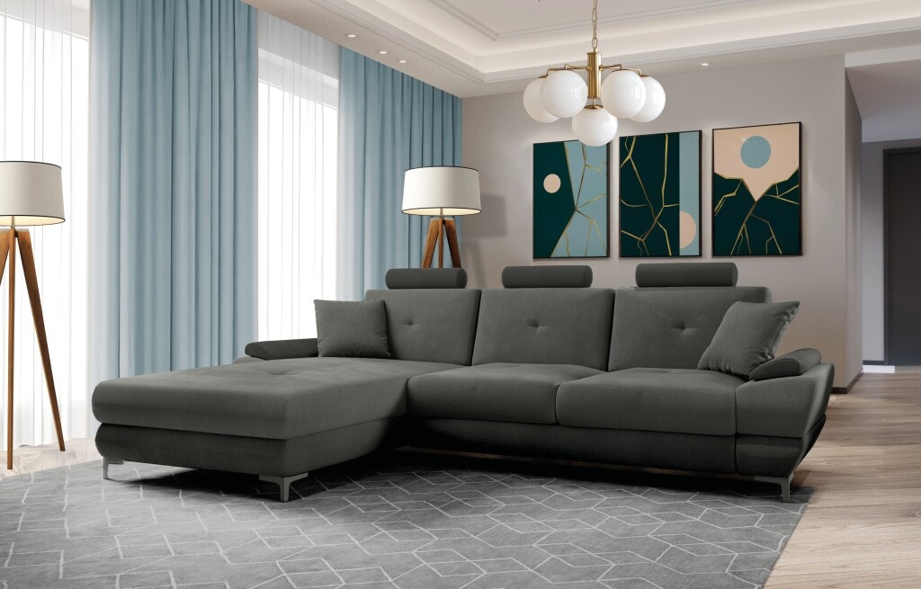 Rozkládací rohová sedačka YLARIS s úložným prostorem, levá, tmavě šedá látka/černá látka