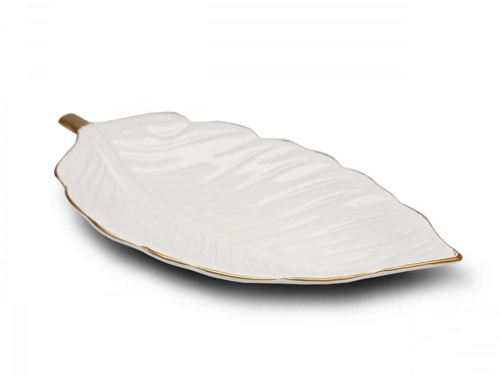 Dekorativní keramický talíř ve tvaru listu, krémová, 30 cm - II. jakost, POUZE OSOBNÍ ODBĚR