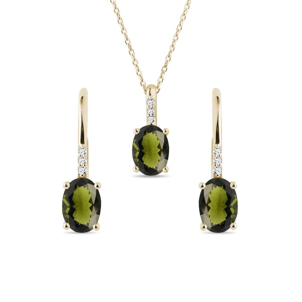 Souprava vltavínových šperků ve žlutém 14k zlatě KLENOTA