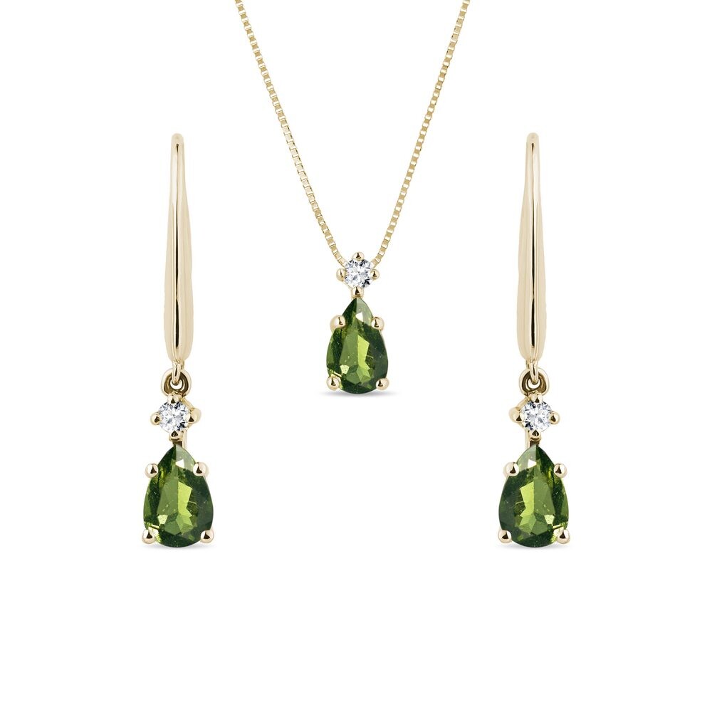 Set náhrdelníku a náušnic ze žlutého zlata s vltavíny KLENOTA