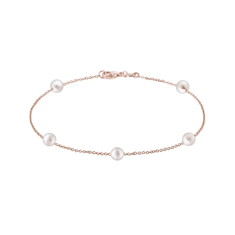 Jemný řetízkový náramek s perlami v růžovém zlatě KLENOTA