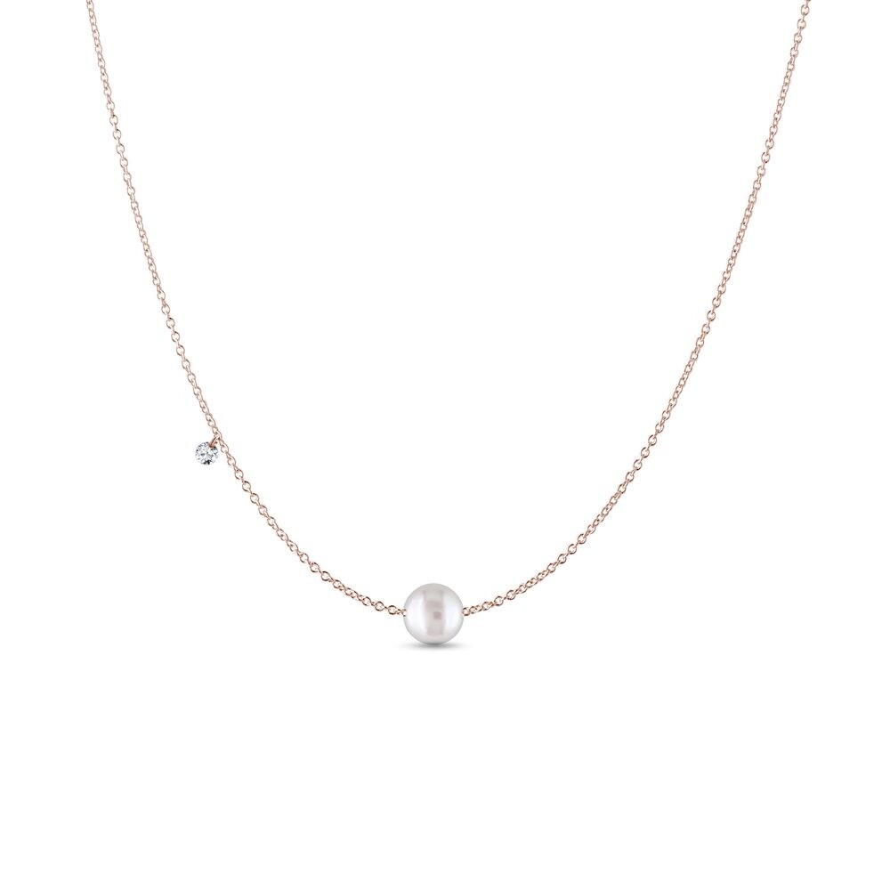 Náhrdelník s perlou a diamantem v růžovém zlatě KLENOTA