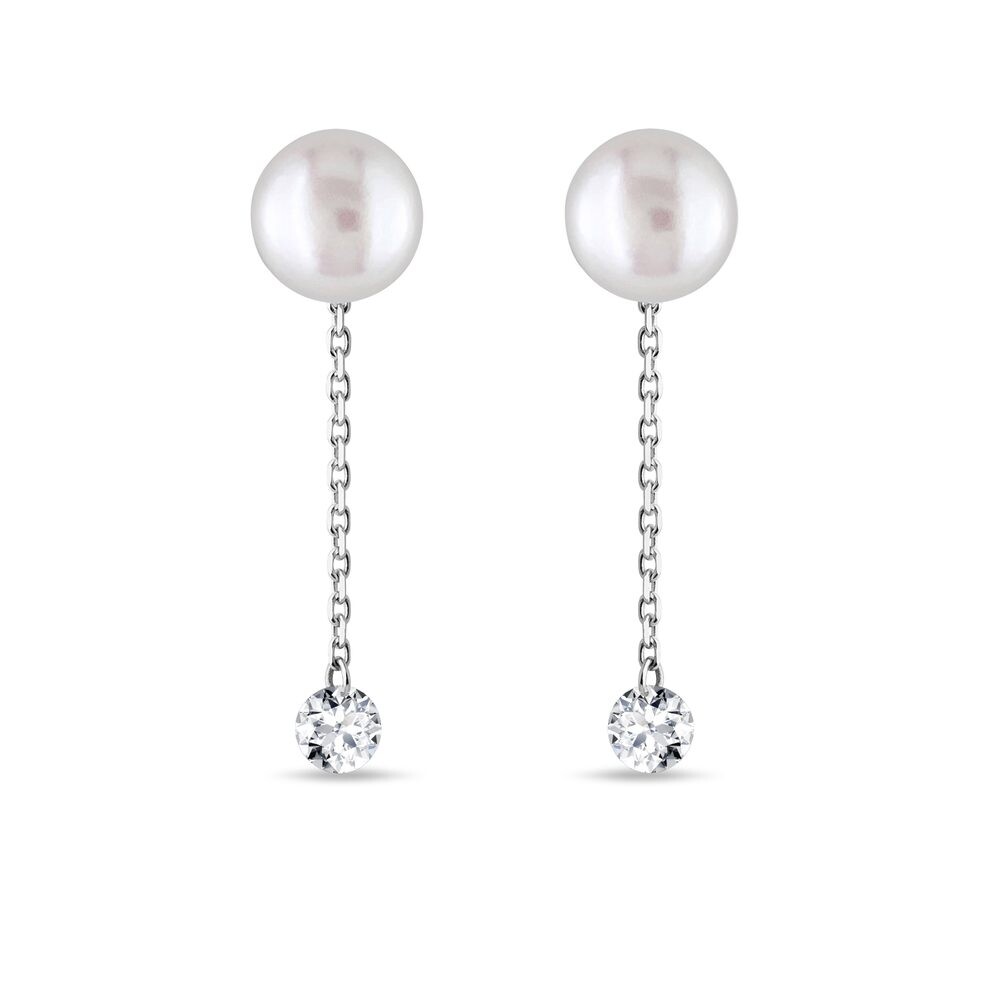 Perlové visací náušnice 2v1 s diamanty v bílém 14k zlatě KLENOTA