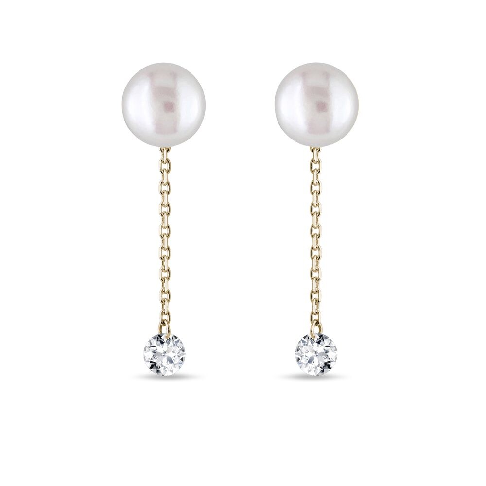 Perlové visací náušnice 2v1 s diamanty ve žlutém 14k zlatě KLENOTA