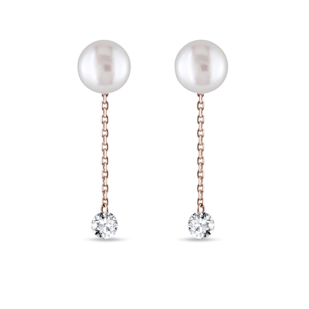Perlové visací náušnice 2v1 s diamanty v růžovém 14k zlatě KLENOTA