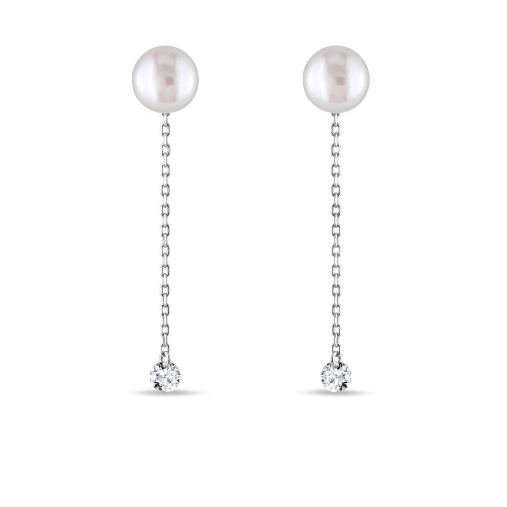 Řetízkové náušnice s perlou a diamantem v bílém zlatě KLENOTA