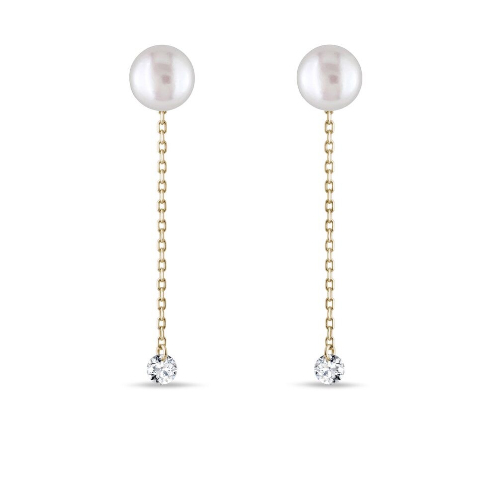 Řetízkové náušnice s perlou a diamantem ve 14k zlatě KLENOTA
