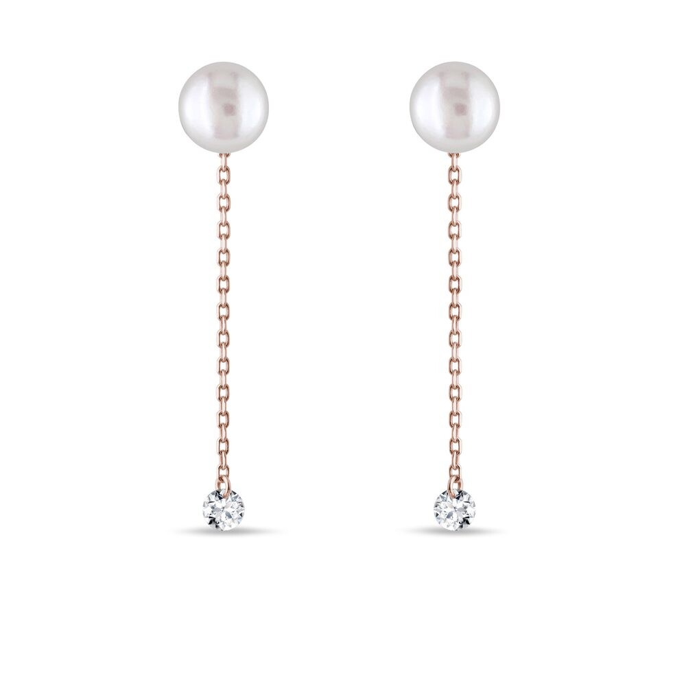 Řetízkové náušnice s perlou a diamantem v růžovém 14k zlatě KLENOTA