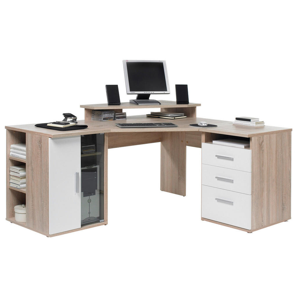 Carryhome ROHOVÝ PSACÍ STŮL, bílá, Sonoma dub, 140/173/75 cm