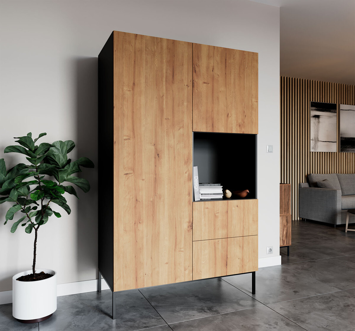 Šatní skříň Lanzzi 120 Barva korpusu: Černá, Dveře: Dub-Artisan